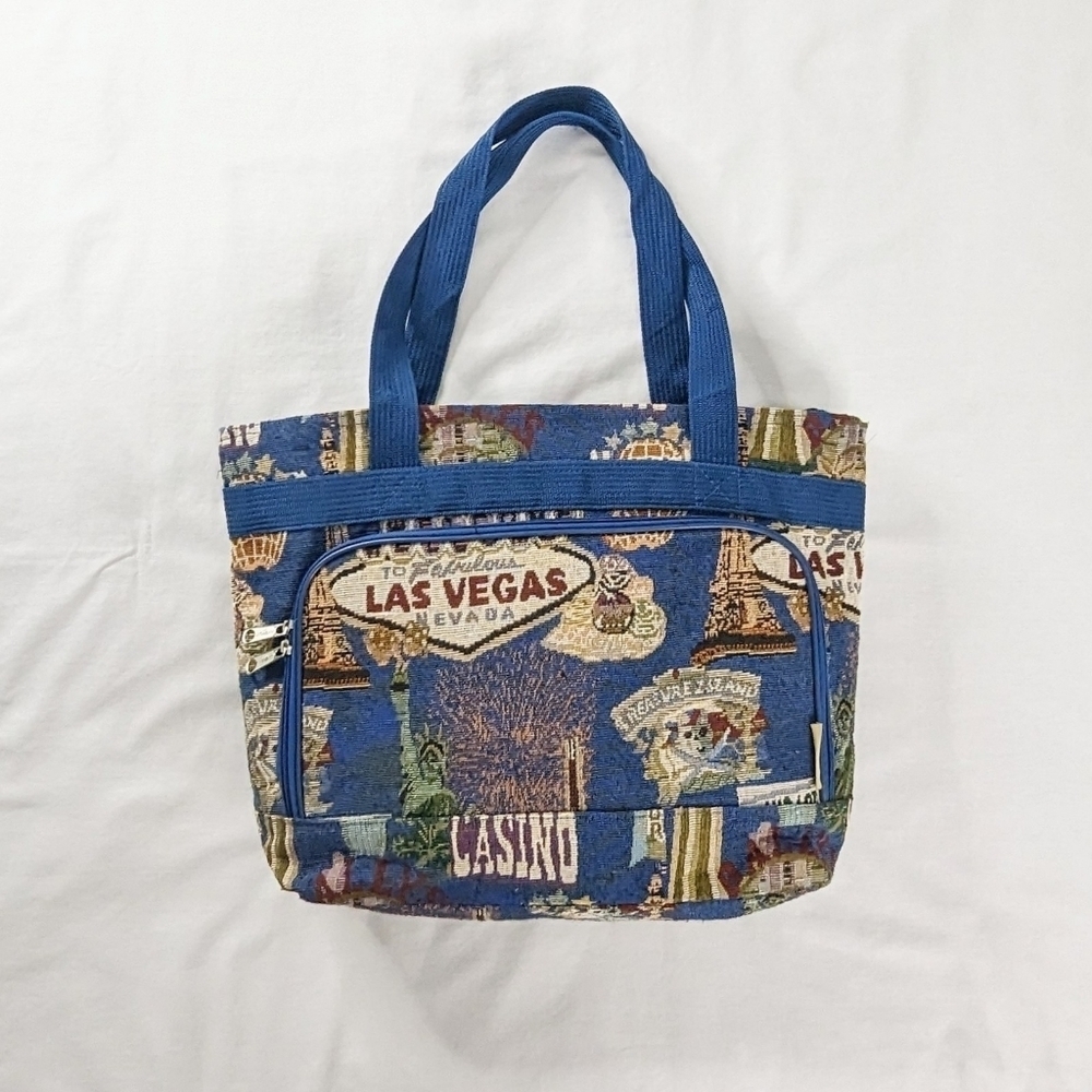 VTG Las Vegas Tapestry Blue Tan Casino Vegas Strip Tote Bag